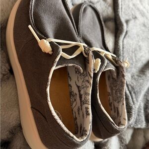 Ariat Brown Canvas Slip-On Flats with Cream Accents